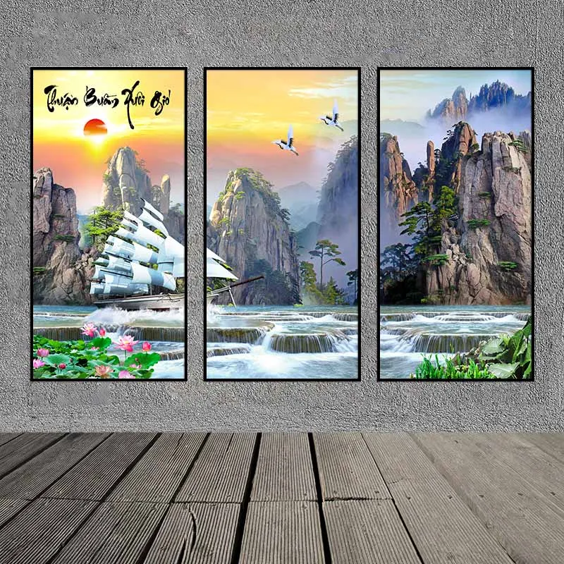 Tranh thuận buồm xuôi gió, phong cảnh thác nước, đồi núi và đàn chim hạc