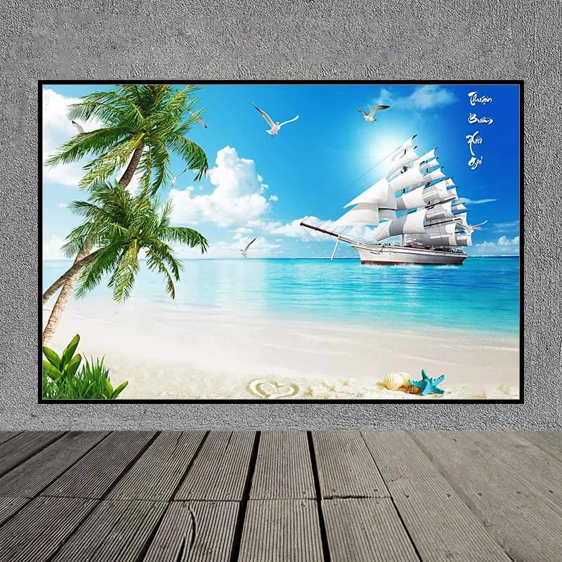 Tranh phong thủy thuận buồm xuôi gió, tranh thuyền buồm và vỏ ốc trên bãi cát