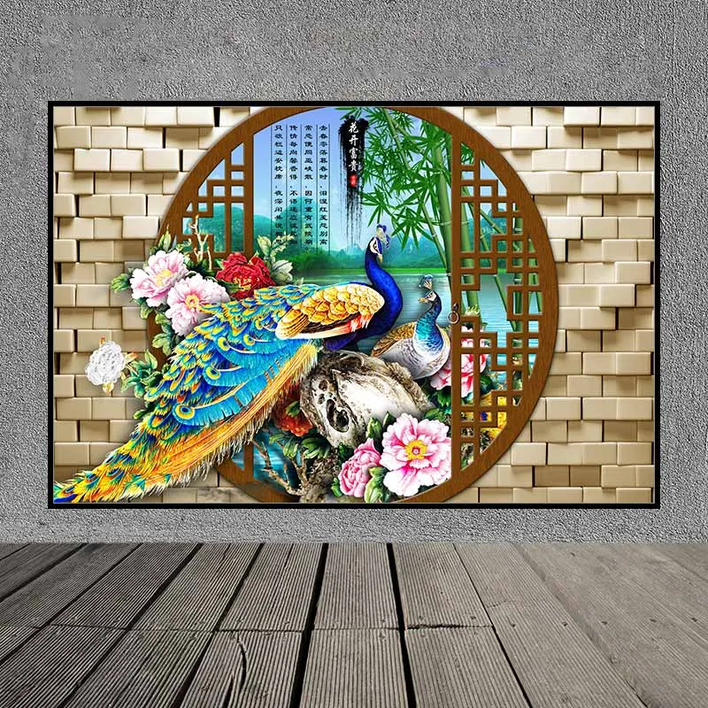 Tranh chim công đứng trên tảng đá và hoa mẫu đơn