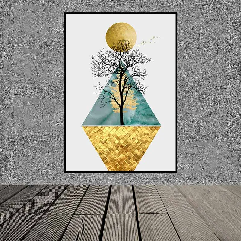 Tranh hươu nai trừu tượng đang ăn dưới gốc cây lá vàng