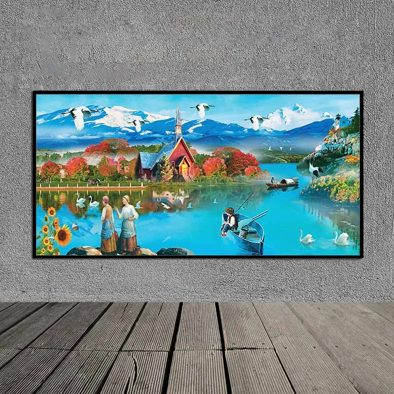 Tranh phong cảnh hồ nước, đàn sếu, chim hạc, thiên nga