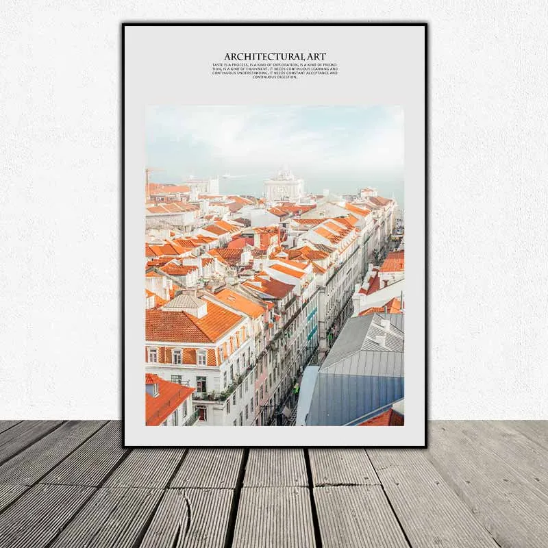Tranh Scandinavian bộ 5 tấm tranh phong cảnh tòa nhà thành phố, phong cảnh biển