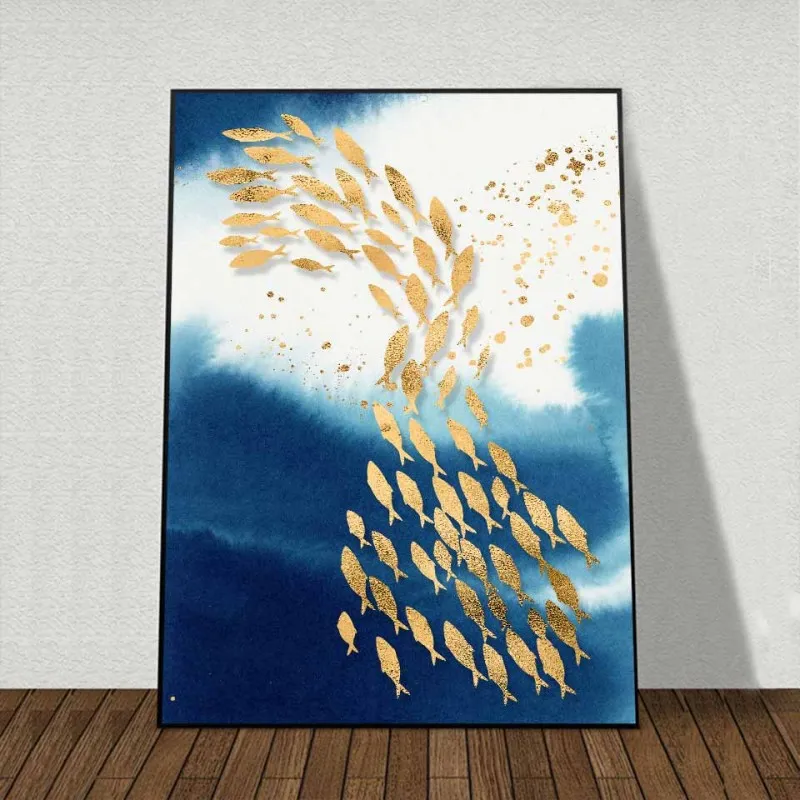 Tranh canvas đàn cá và mặt trăng trên dòng sông trừu tượng