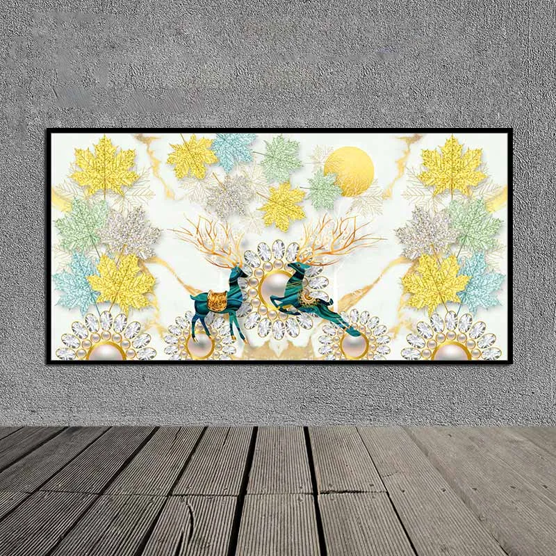 Tranh đôi nai chơi đùa bên những viên ngọc trai và những bông hoa tuyết