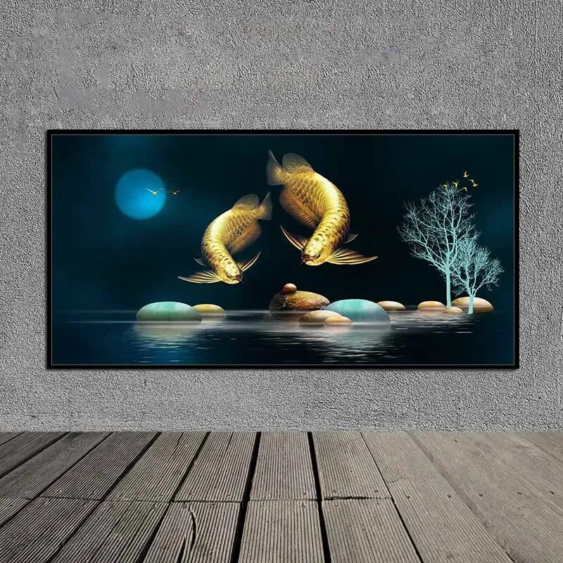 Tranh cá rồng Kim Long và những viên đá phong thủy