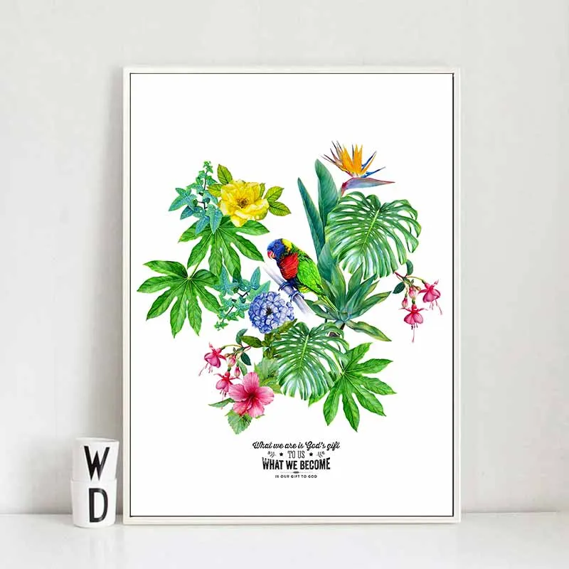 Tranh hoa lá, cây trầu bà nhiệt đới và chim vẹt