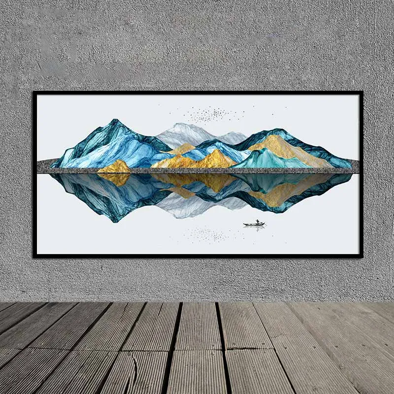 Tranh phong cảnh người chèo thuyền trên sông, đồi núi trừu tượng