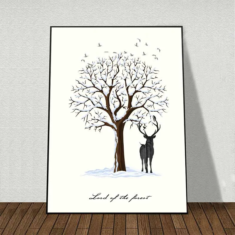 Tranh hươu cao cổ và gia đình nai dưới cây khô trừu tượng