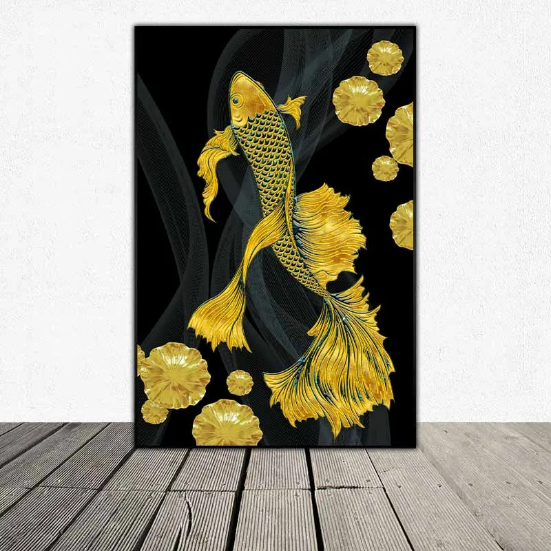 Tranh cá chép hóa rồng và hoa sen vàng