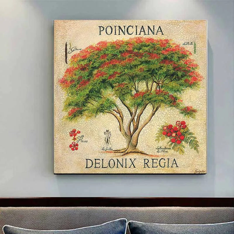 Tranh cây hoa phượng đỏ, hoa phượng tím và cây hoa đại