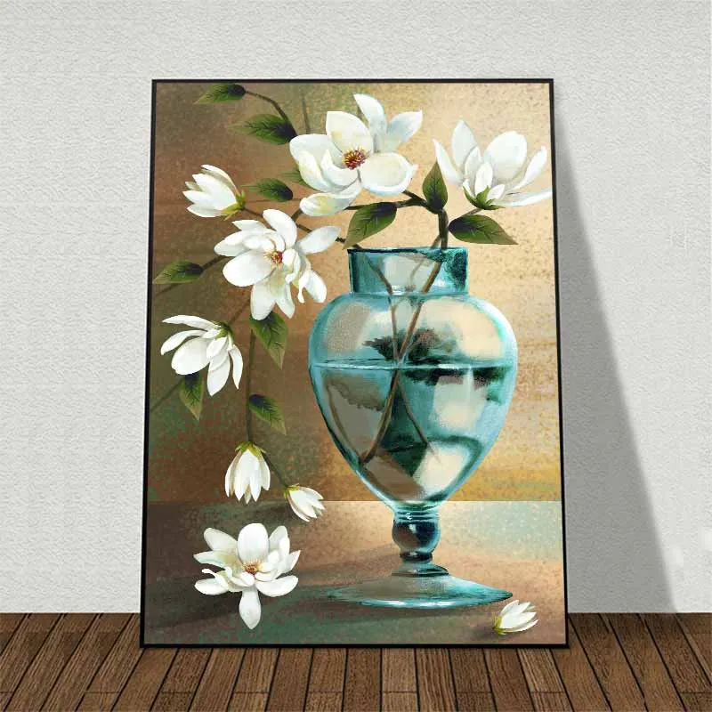 Tranh bình hoa trà trắng bằng pha lê