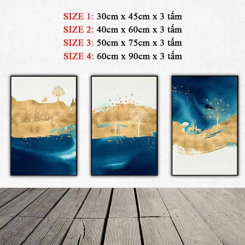 Tranh trừu tượng 2 mảng màu xanh đậm và vàng cùng những chi tiết con nai, đàn chim