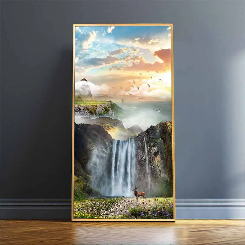 Tranh phong cảnh thác, núi đồi và nai