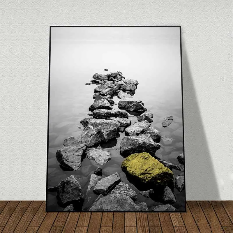 Tranh Scandinavian phong cảnh cây cầu, cầu đá và cây khô trừu tượng