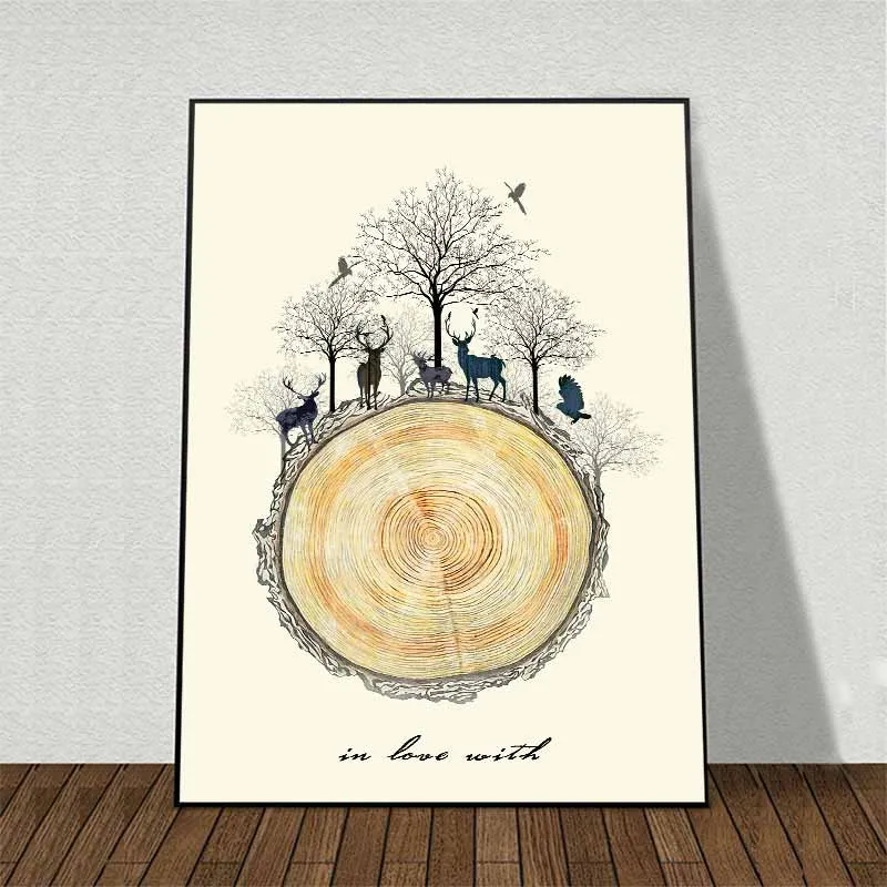 Tranh trừu tượng hươu nai bên cành cây khô