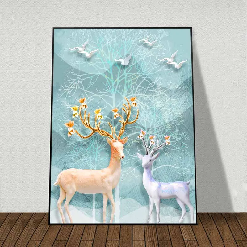 Tranh 2 mẹ con nai bên hàng cây trừu tượng