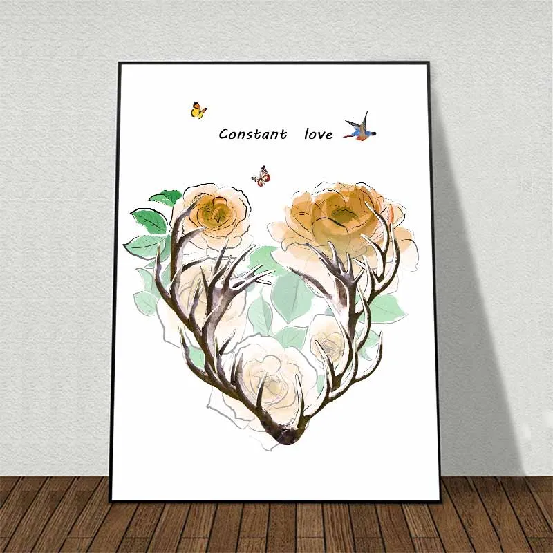 Tranh gia đình nai trừu tượng và hoa hồng trên sừng