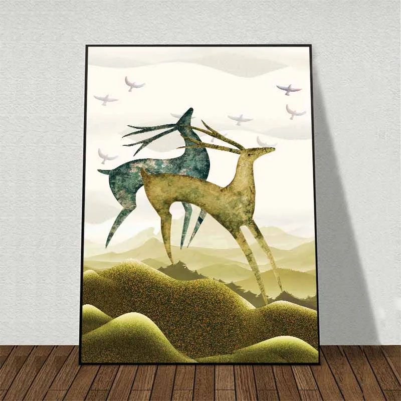 Tranh đàn nai cách điệu chạy nhảy trên đồi núi vàng trừu tượng