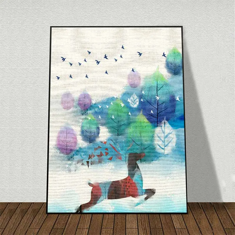 Tranh đàn nai trừu tượng đang chạy nhảy bên khu rừng lá xanh