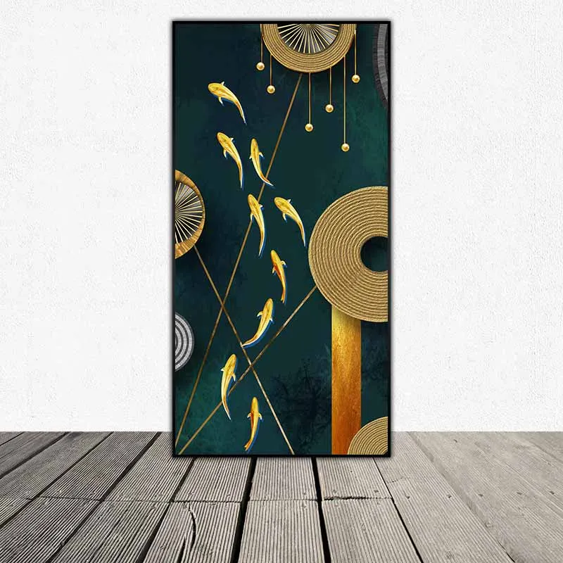 Tranh trừu tượng cửu ngư với những vòng tròn và đường nét thẳng