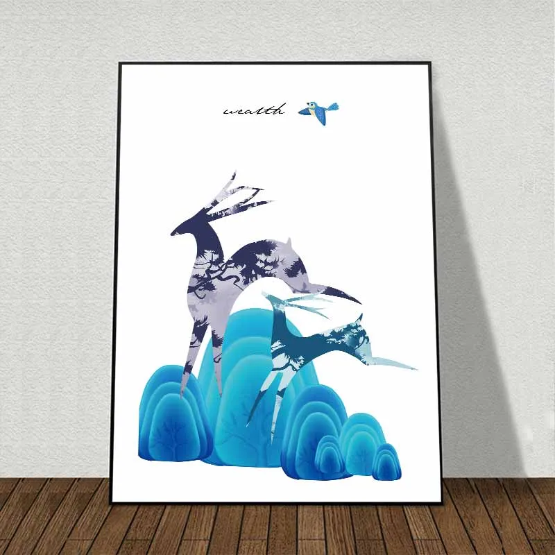 Tranh Nai cách điệu chạy nhảy trên những tảng đá màu xanh trừu tượng