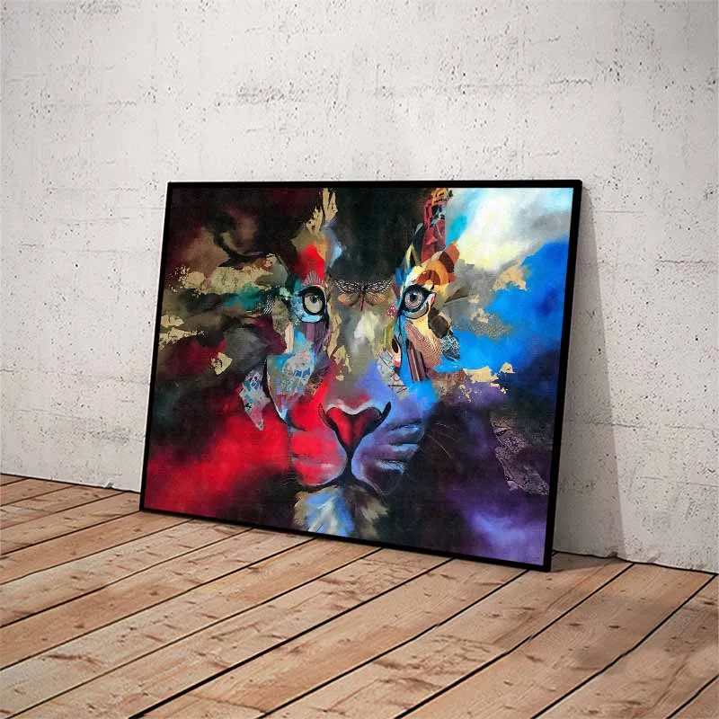 Tranh đầu sư tử nhiều màu trừu tượng