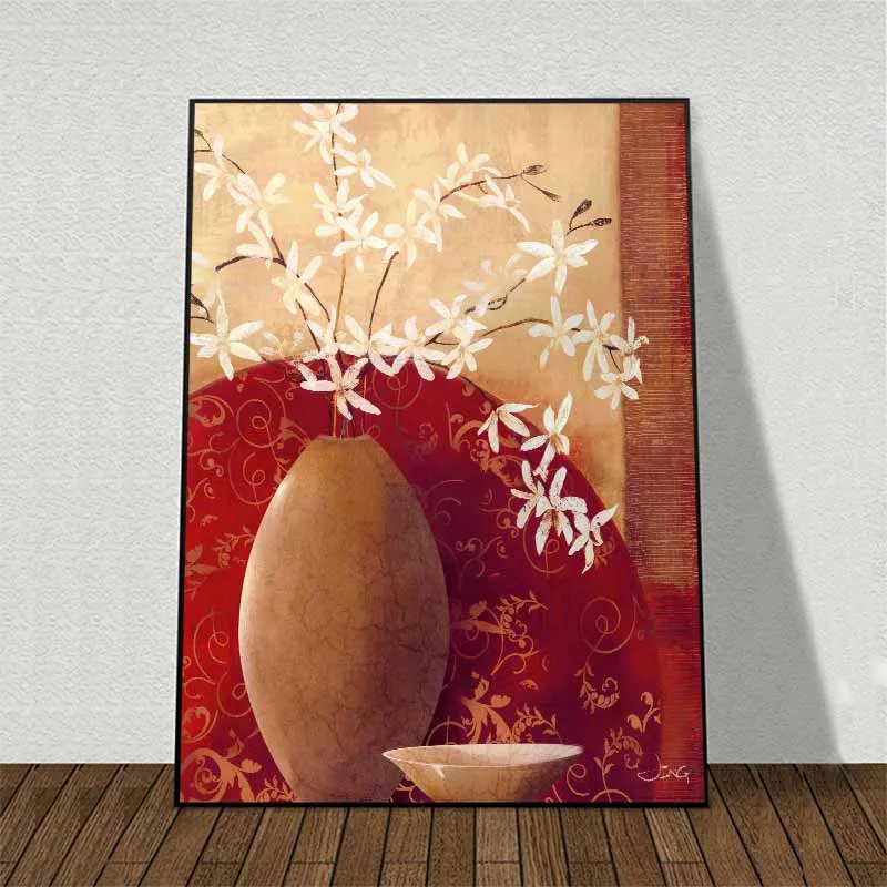 Tranh tĩnh vật bình hoa và bát đĩa gốm