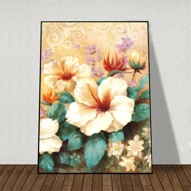 Tranh bình hoa hồng vàng, trắng, đỏ và hoa Dâm bụt