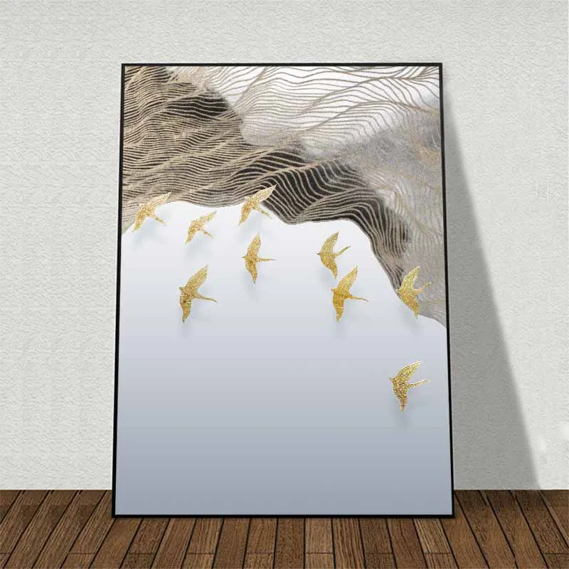 Tranh đàn chim bay qua các ngọn núi trừu tượng