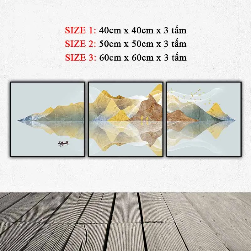 Tranh phong cảnh đồi núi trừu tượng và con thuyền trên sông