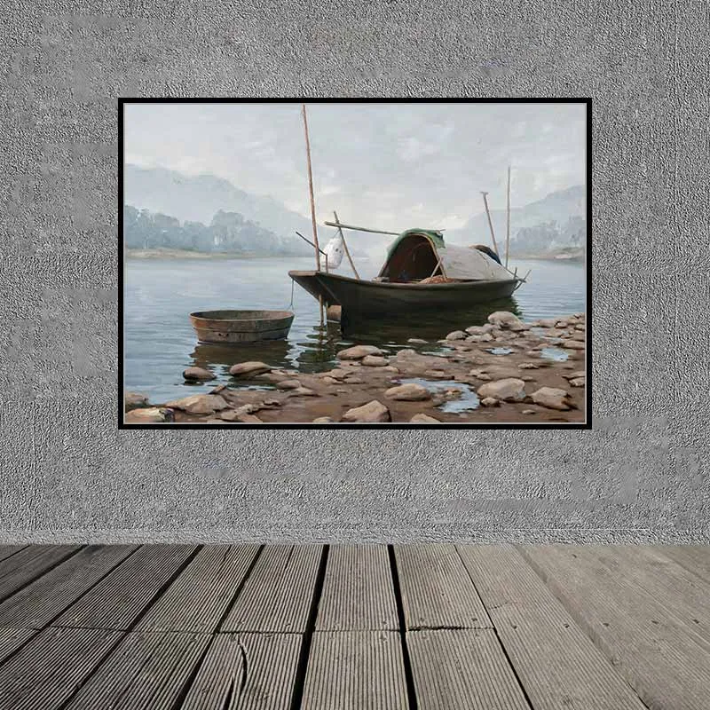 Tranh phong cảnh thuyền neo đậu bên dòng sông