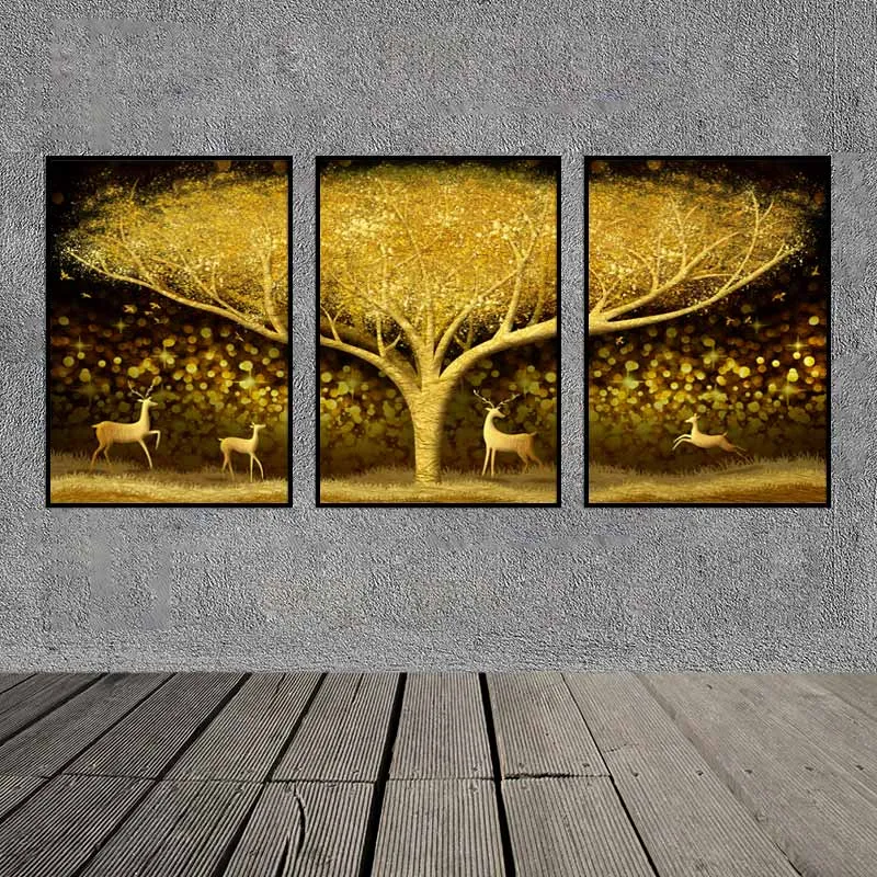 Tranh canvas đàn nai và rừng cây vàng trừu tượng
