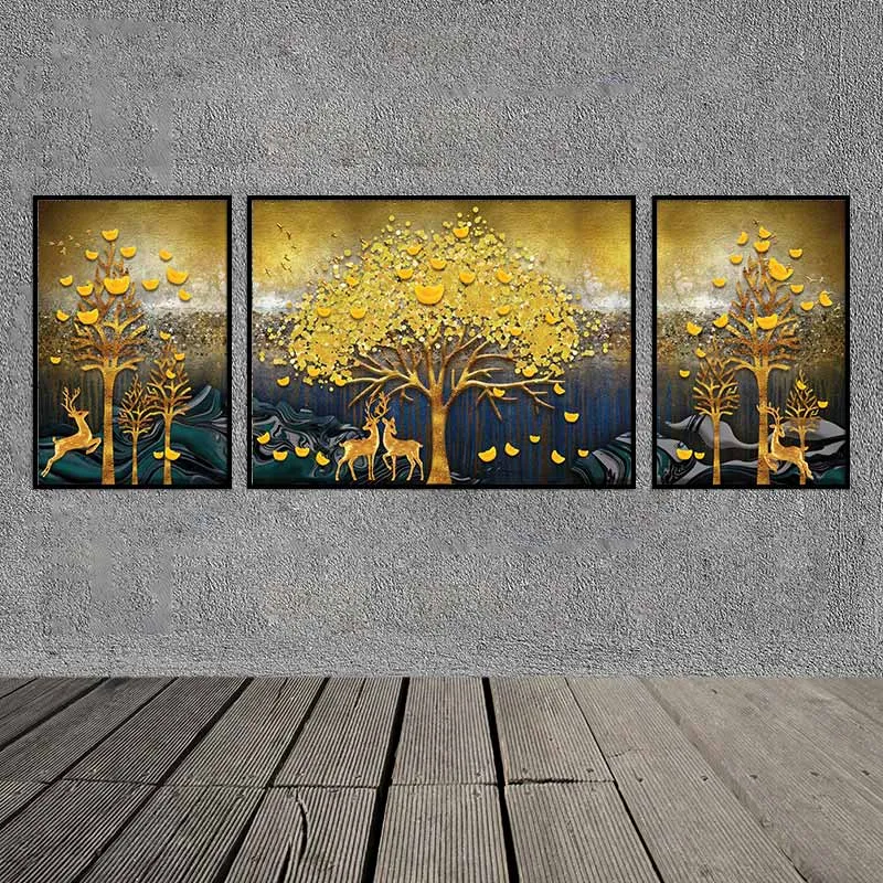 Tranh đàn nai dưới cây lá vàng và các thỏi vàng đang rơi xuống