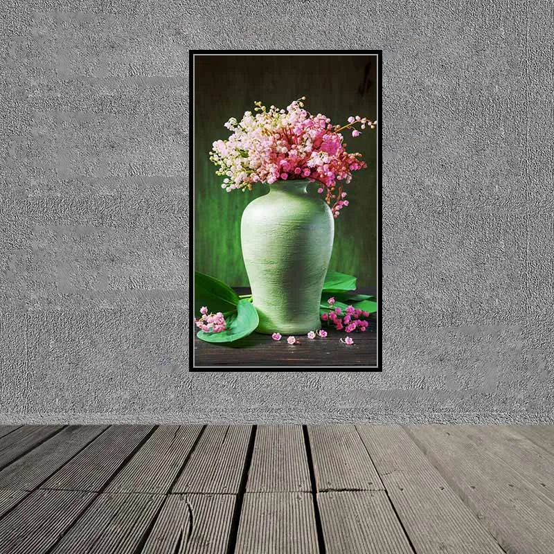 Tranh canvas bình hoa và hoa sen hồng và hoa sen trắng