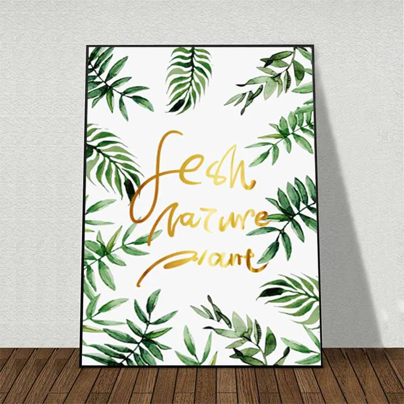 Tranh lá cây nhiệt đới kết hợp chữ Fresh nature plant