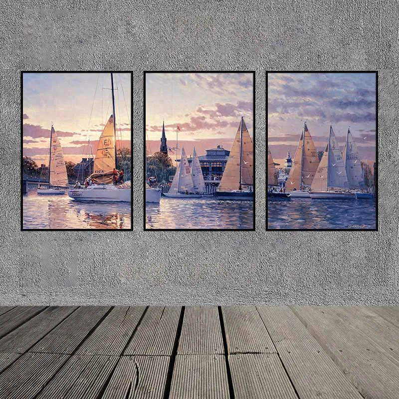 Tranh thuyền buồm và mòng biển tại cảng biển