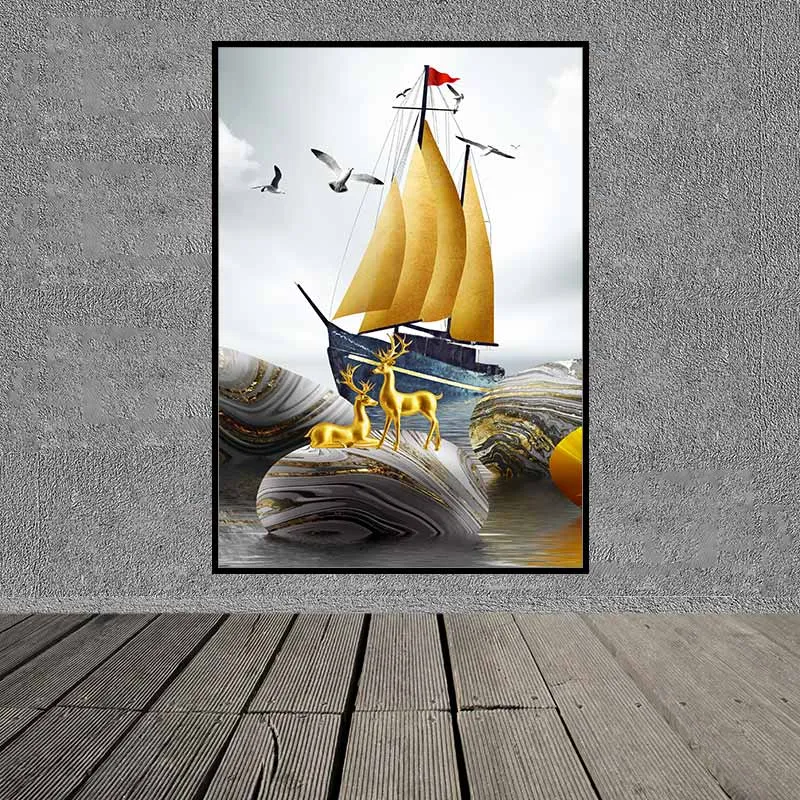 Tranh thuyền cánh buồm vàng và đàn nai vàng trừu tượng
