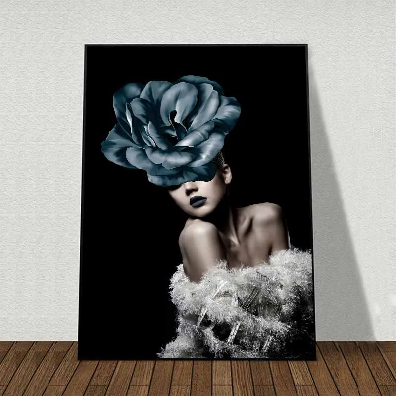 Tranh cô gái và hoa hồng xanh che mặt