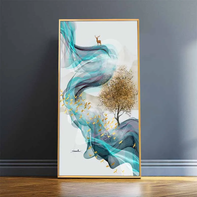 Tranh canvas trừu tượng nai, đàn cò vàng, cây vàng và con thuyền trên sông