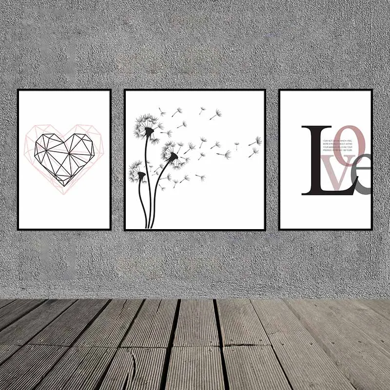 Tranh Scandinavia hình 2 trái tim lồng vào nhau, hoa anh túc và chữ Love