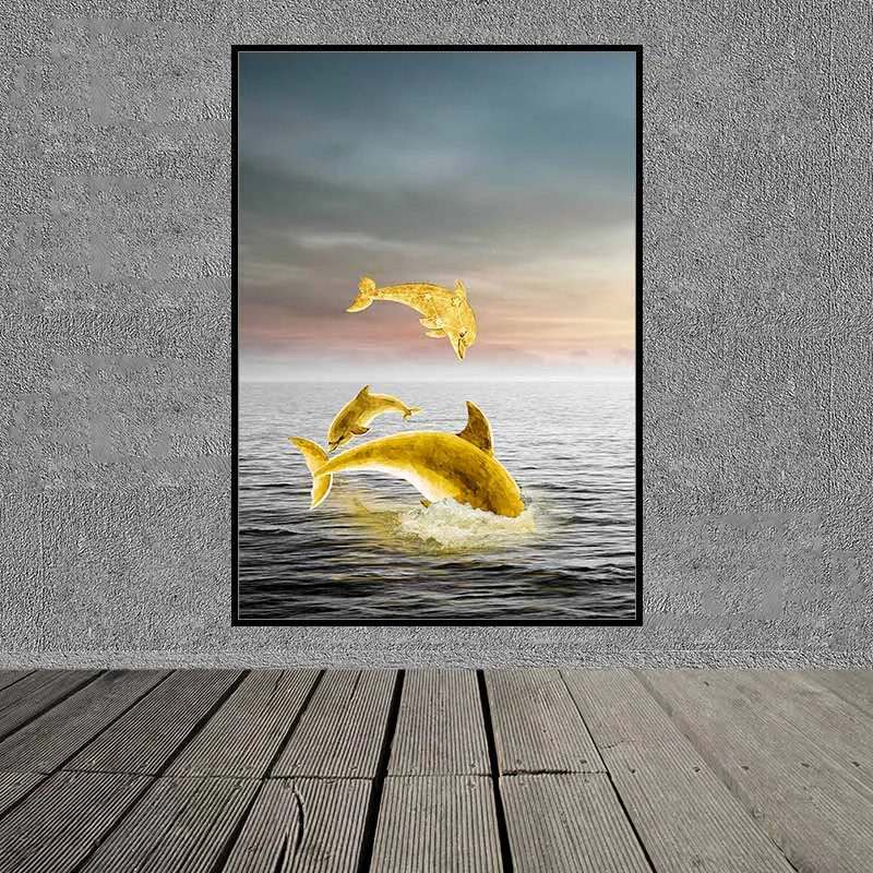 Tranh phong thủy đàn cá heo và thuyền buồm vàng