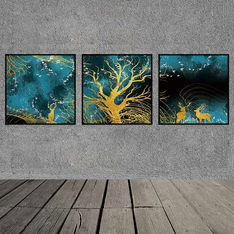 Tranh đàn nai và cây vàng trên đồi núi trừu tượng