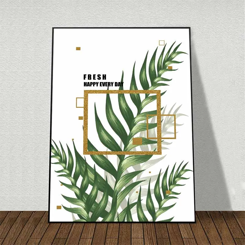 Tranh lá cây nhiệt đới kết hợp chữ Fresh Happy Everyday cùng với khung viền hình học