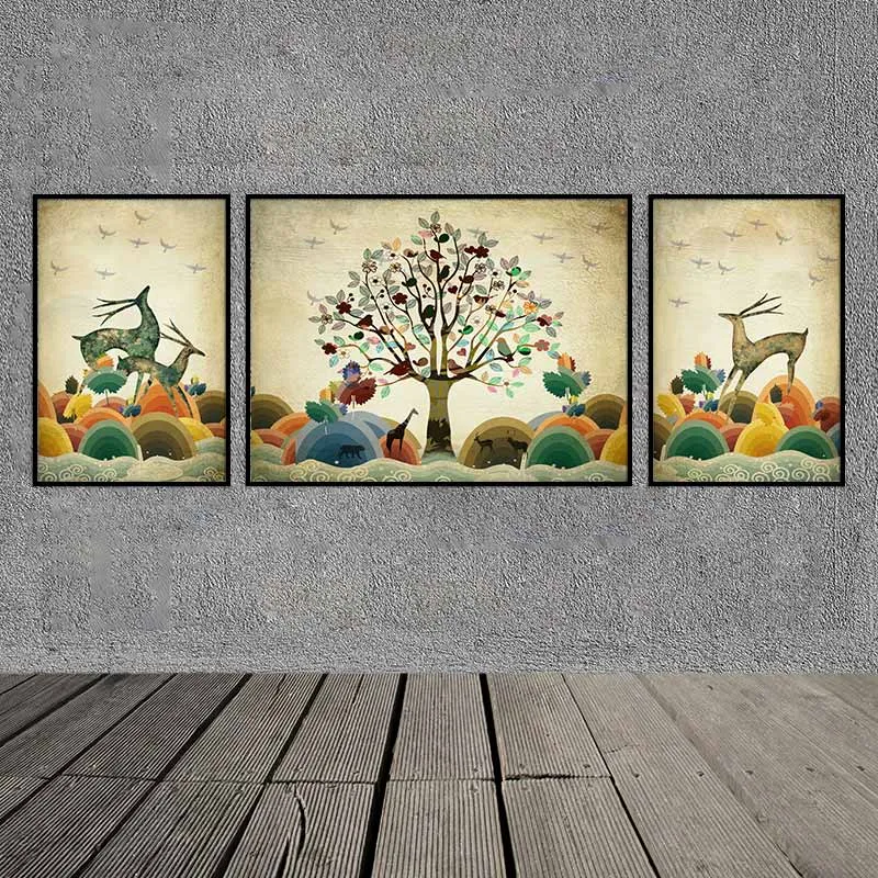 Tranh đàn nai cách điệu và cây khô