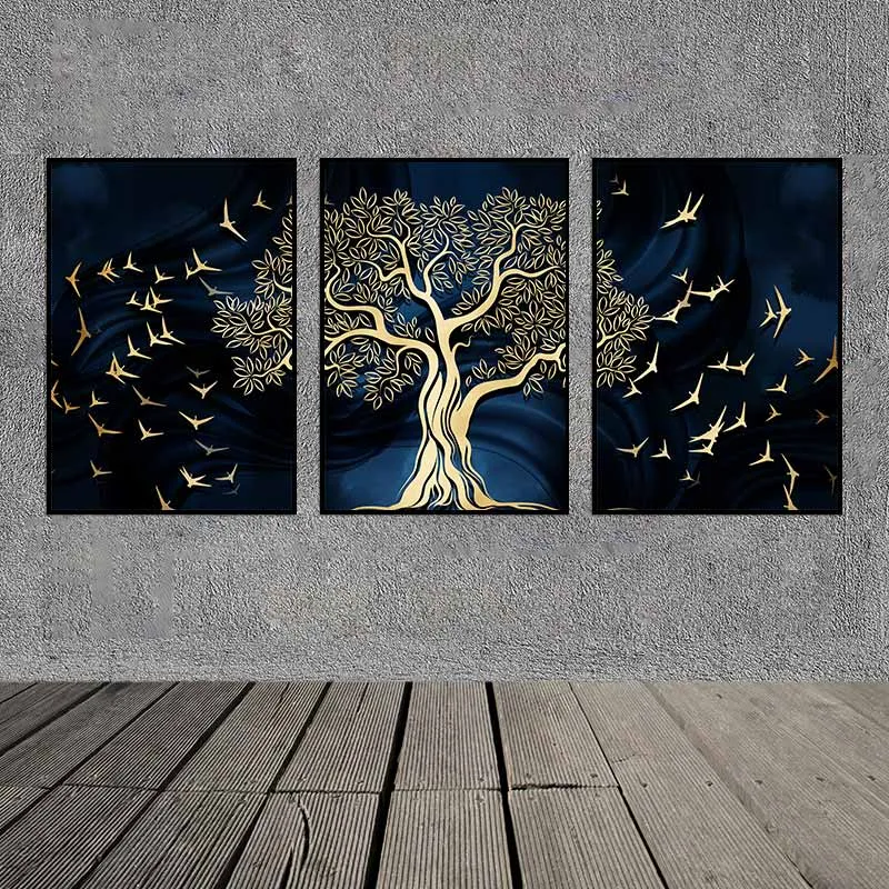 Tranh canvas cây và đàn chim trừu tượng vàng gold trên nền xanh