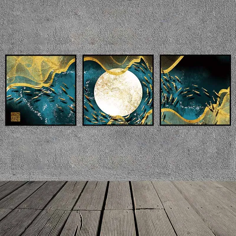 Tranh canvas đàn chim cá trừu tượng bơi xung quanh bóng trăng