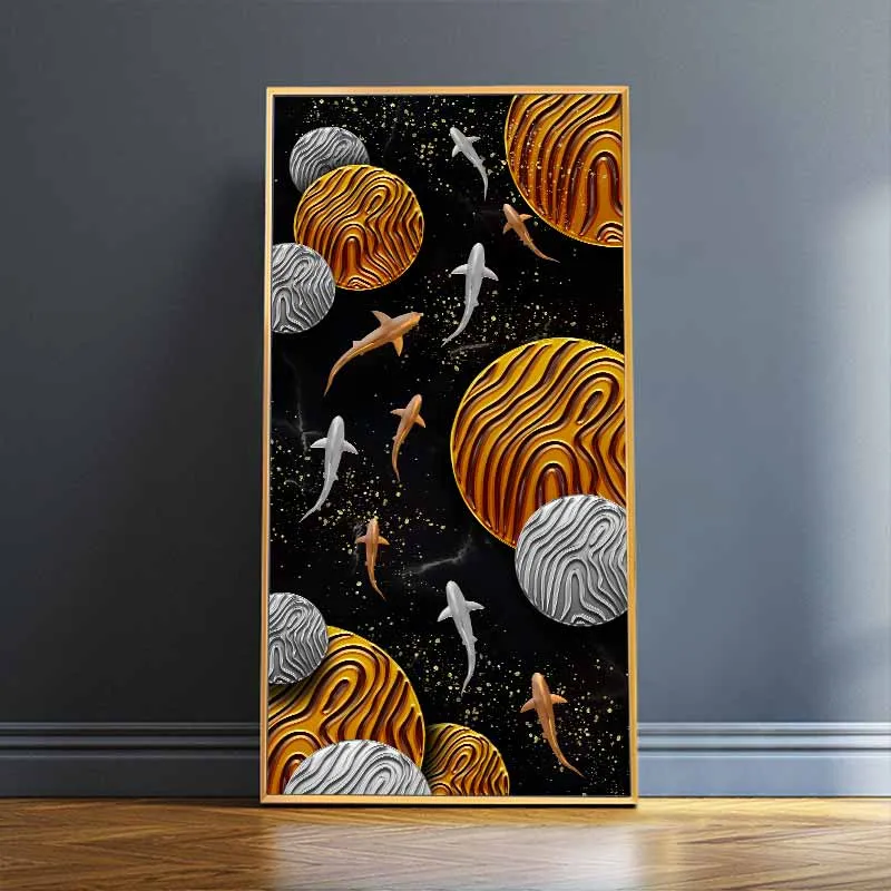 Tranh 9 con cá chép trừu tượng, cửu ngư quần hội