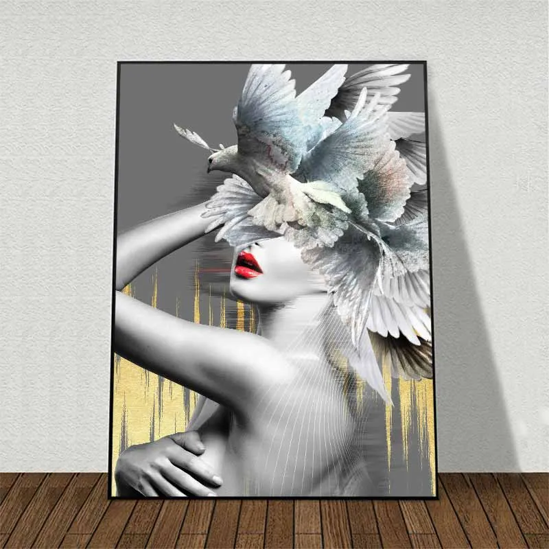 Tranh trừu tượng cô gái và đàn chim bồ câu