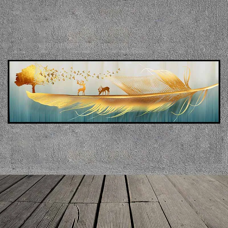 Tranh đôi nai đứng trên lông chim trừu tượng