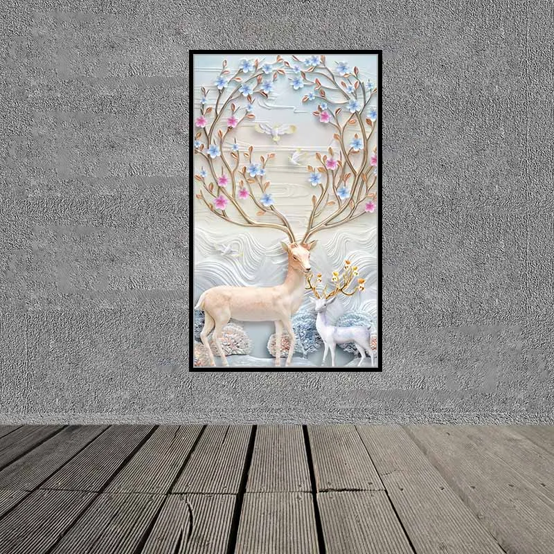 Tranh phong thủy 2 con hươu nai với sừng hoa nở đầy lộc